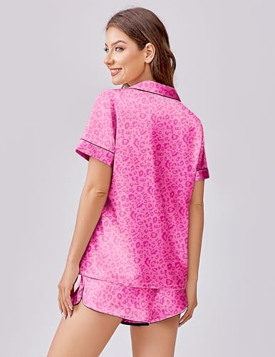 Image of Ekouaer Womens Silk Satin Pajama Set Print Short Sleeve Sleepwear Button Down Pjs Shorts Set Loungewear