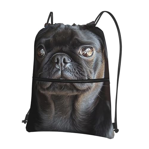 Drawstring Backpack Resistant Sackpack Cute Black Pug Dog Sports Gym Bag String Bag for Women Men