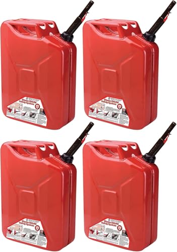 Midwest Can 5810 Jerry Can Auto Shut Off 5 Gallon Metal Gas Can Durable Fuel Containers with FlameShield Safety System & Quick-Flow Spout - 4 Pack