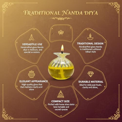 Image of Glass Fancy Udupi Nanda Table Diya | Akhand Glass Diya | Chambu Diya for Puja Room, Temple Home Office Festive Decor (Pack of 2)
