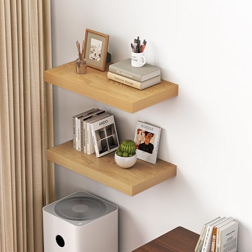 Image of Dreamland 24 inch Floating Shelves for Wall, 12 inch Deep Thicker Oak Floating Shelves, Wall-Mounted Shelves for Bedroom, Living Room, Kitchen, Bathroom - Set of 2
