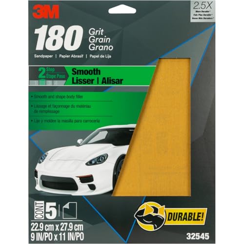 3M Sandpaper, 180 Grit, 5 Sheets, 9 in x 11 in, Longer Lasting Super Strong Abrasive, Great For Smoothing Body Filler, Shaping Glaze & Spot Putty, For Hand Or Machine Sanding (32545)