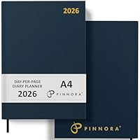 Pinnora Diary 2026 A4 Day Per Page, Navy Blue Year Planner Organiser 2026 Day Per Page, 2026 Planner, Home, School & Office, Hard Back 2026 Diaries, A5 & A4 2026 Diary in Day Per Page & Week To View