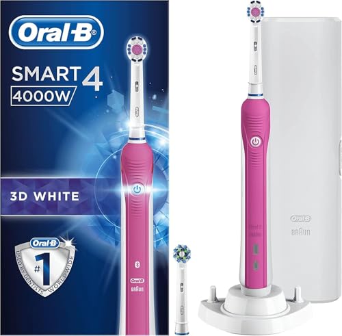 Oral-B Smart 4 3D White Electric Toothbrushes For Adults, Mothers Day Gifts For Her / Him, App Connected Handle, 2 Toothbrush Heads & Travel Case, 3 Modes, Teeth Whitening, 2 Pin UK Plug, Pink