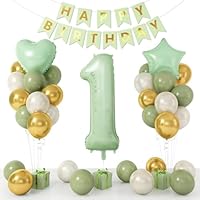 1st Birthday Decorations for Boys, 1st Birthday Balloons, Banner, Sage Green White Gold Balloons with 40 Inch Number 1, Star Heart Foil Balloon for Baby 1 Year Old Party Decorations