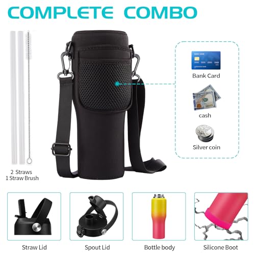 Image of 32oz Stainless Steel Water-Bottle with Straw -Keeps Cold 48h & Hot 24h, Insulated Water Bottles w /Strap Carrier Pouch & Boot, Travel Cup Fits in Car Cup Holder