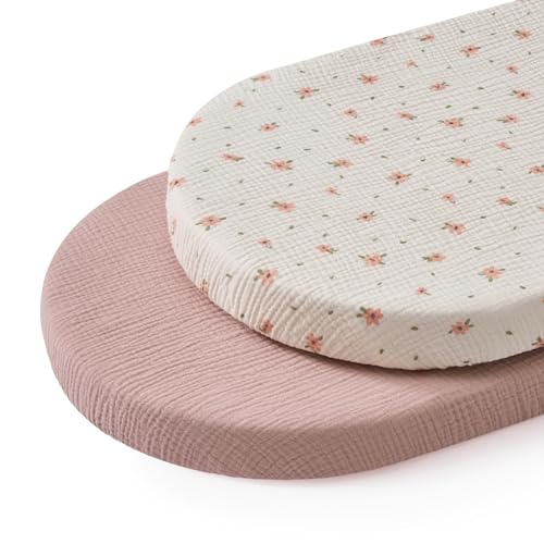 Image of Blissful Diary Muslin Bassinet Sheets for Baby Girls Boys, Boho Soft Cotton Fitted for Oval Hourglass Rectangle Mattress, 2 Pack(Pink Floral&Light Pink)