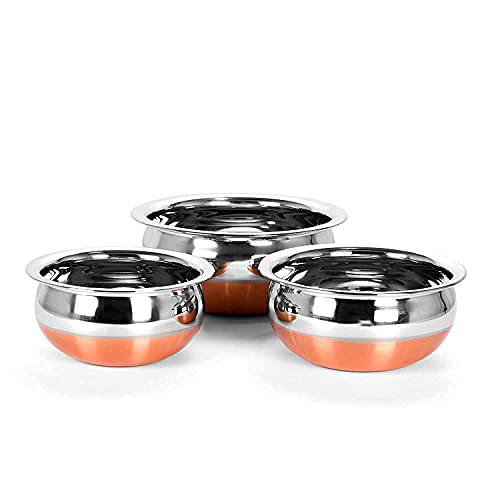 Image of Handi Copper Bottom Stainless Steel 800 Ml, 1.5 Liter, 2 Liter Copper Base Patila /Dekchi /Bhagona /Handi for Boiling Milk, Cooking Biryani Rice Combo of 3 (Color - Silver)
