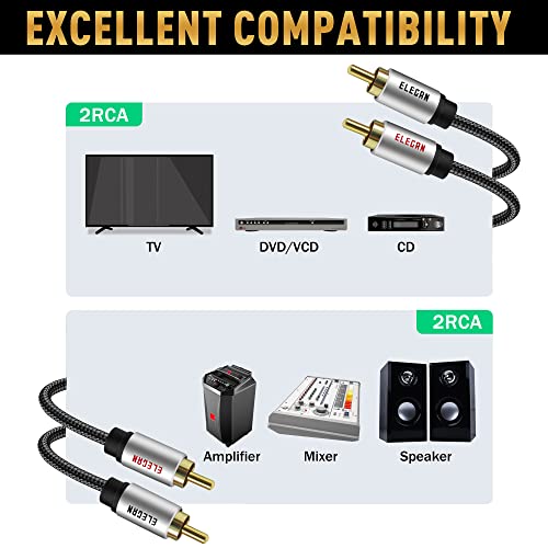 Image of Elecan Premium RCA Cable 10 Ft (Hi-Fi Sound-16 AWG-Shielded) 2 RCA Male to 2 RCA Male Stereo Audio Cable, Gold Plated-Aluminum Alloy Shell-Pure Copper-Braided RCA Cord for Home Theater Speakers + Ties