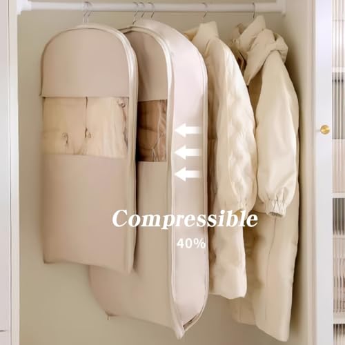 2 Pcs Space Saving Hanging Garment Bag with Self Compression Zipper Dust Cover Bags for Down Coat,Garment Bags for Hanging Clothes for Closet Storage (Pink,M)2