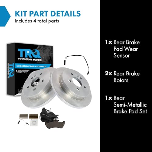 Image of TRQ Rear Brake Pad and Rotor Set Semi Metallic Solid Rotors Wear Sensor