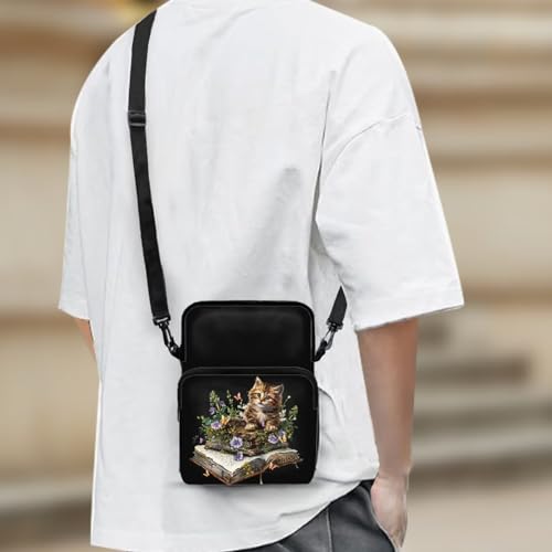 Cute Cat Books Purple Flowers Butterflies Messenger Bag for Men Women, Cross Body Bag Shoulder Sling Bags Wristband Sport Armband Wallet Bag Purse, Black3