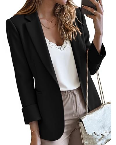 KIRUNDO Blazers for Women Business Casual Long Sleeve Open Front Lapel Suit Jackets Office Work Blazer Pockets Fall Clothes(Black, Medium)