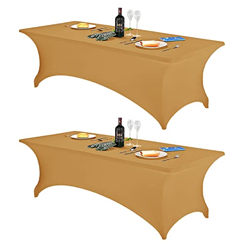 Image of FORLIFE 2Pack Spandex Table Covers,Fitted Tablecloth for Rectangular Tables, Stretch Patio Table Covers, Universal Spandex Table Cover for Wedding, Banquet, Party (8ft, Gold)