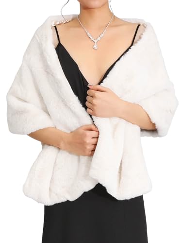 Aukmla Long Wedding Faux Fur Wraps and Shawls Wedding Bridal Stole for Brides and Bridesmaids (White)