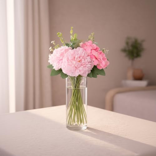 Image of Premium Artificial Flower Bunch - Pink Lotus, Rose with Green Leaf | Realistic Fabric Petals | Artificial Flowers for Vase | Home Decoration Items for Living Room & Bedroom || Pink