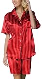 Lavenderi Women's Short Sleeve Classical Silky Satin Pajamas, Short Bottom Sleepwear(RedStp, Large)