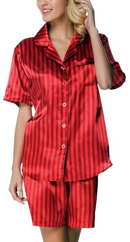 Women's Short Sleeve Classical Silky Satin Pajamas, Short Bottom Sleepwear