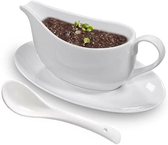 Qlans Gravy Boat With Ladle and Saucer 17 Oz,Ceramic Sauce Boat with Tray for Salad Dressings Milk,Warming Sauces,Creamer,Broth,Black Pepper,White (1 PCS New Gravy Boat With Ladle and Saucer)