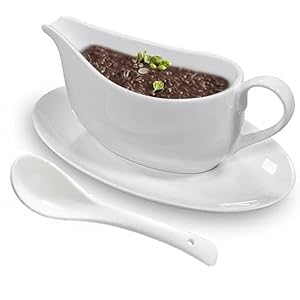 Gravy Boat With Ladle and Saucer 17 Oz,Ceramic Sauce Boat with Tray for Salad Dressings Milk,Warming Sauces,Creamer,Broth,Black Pepper,White (1 PCS New Gravy Boat With Ladle and Saucer)