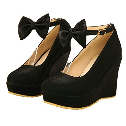 BEAUPAS Women's Round Toe Wedge Platform High Heel Pumps Ankle Strap Buckle Bows Cute Shoes3