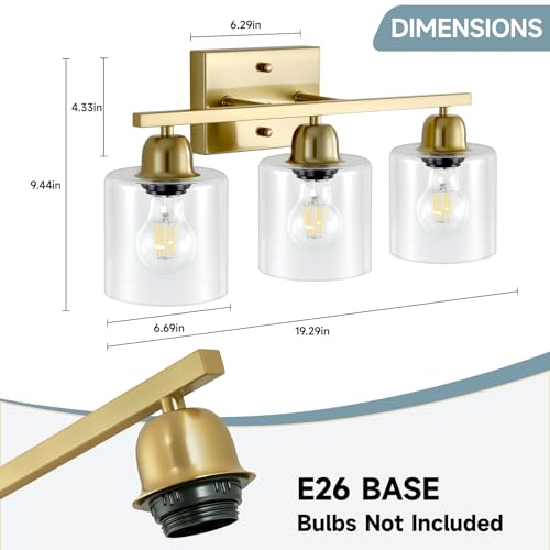 Image of Modern Brushed Gold 3 Light Bathroom Light Fixtures, 19 inch Vanity Lights for Bathroom with Clear Glass, Bathroom Lighting Fixtures Over Mirror for Mirror Kitchen Living Room
