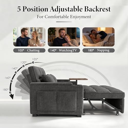 Image of Dreamzie 65'' Convertible Sleeper Sofa Bed with 90 Swivel Side Table, Chenille Pull Out Couch for Living Room, Loveseat Sleeper Couch with Hidden Storage Space | Charging Port | Cup Holders, Grey