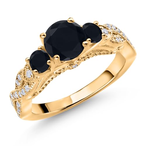 Gem Stone King 18K Yellow Gold Plated Silver Black Onyx and White Moissanite Engagement Ring For Women (1.27 Cttw, Gemstone December Birthstone, Round 6MM and 3MM)