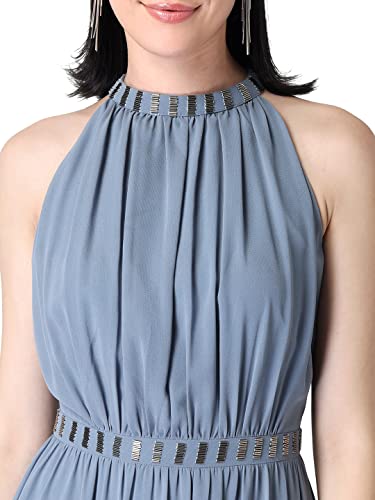 Image of FabAlley Department377 Blue Halter Neck Embellished Maxi Dress