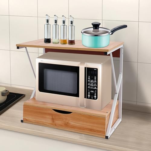 Estantería para microondas de dos pisos, colores madera, con cajón y capacidad de carga de 10 kg, de MDF y hierro, 54 x 35 x 50 cm, diseño abierto, suficiente espacio de almacenamiento, organizador de - imagen 2