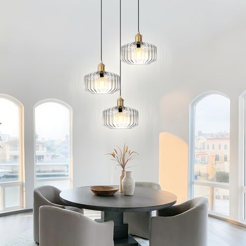 Image of 3-Light Glass Pendant Light Kitchen Island Mid Century Modern Pendant Gold Chandelier Clear Adjustable Hanging Pendant Lighting for Dining Room Light Fixtures Over Table, Living Room