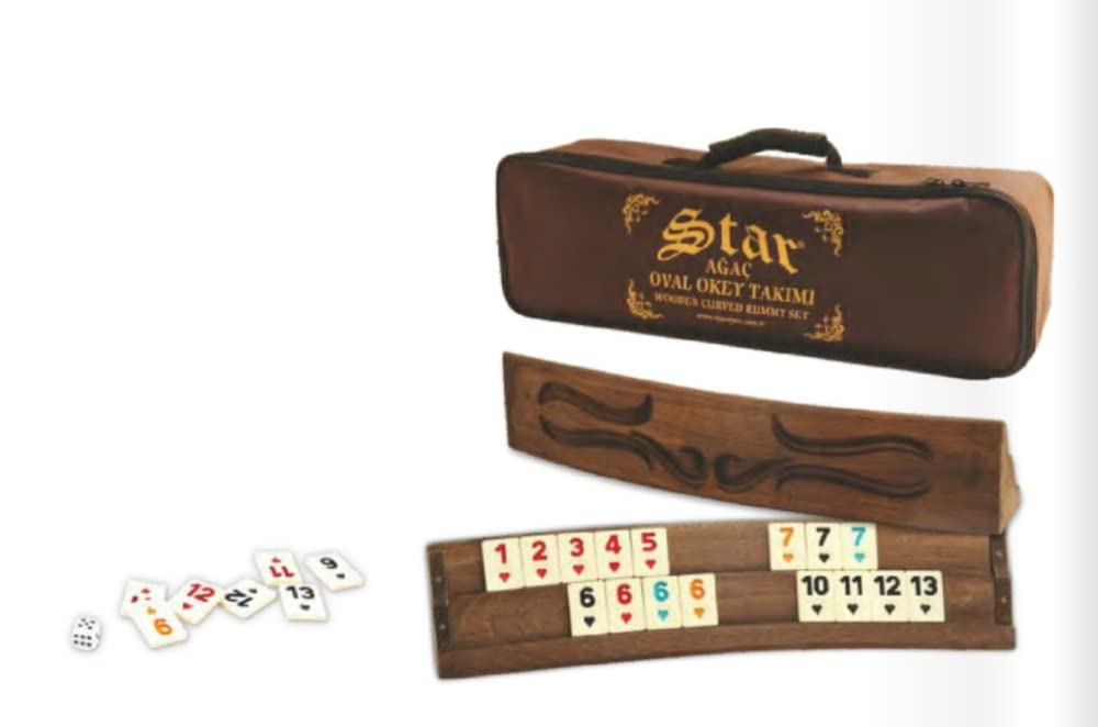 Star-Oval, graviert Rummy Spiel Set aus massiv Holz mit Melamin Steinen, Curved Rommé Star Okey, Gesellschaftsspiel, Familienspiel
