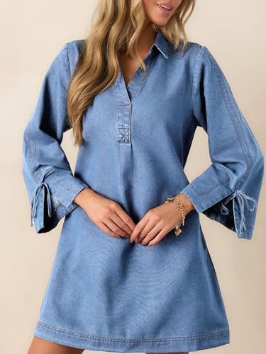 Image of Womens Denim Shirt Dress Collared V Neck Bell Long Sleeve Mini Casual A-line Jean Dresses with Bow