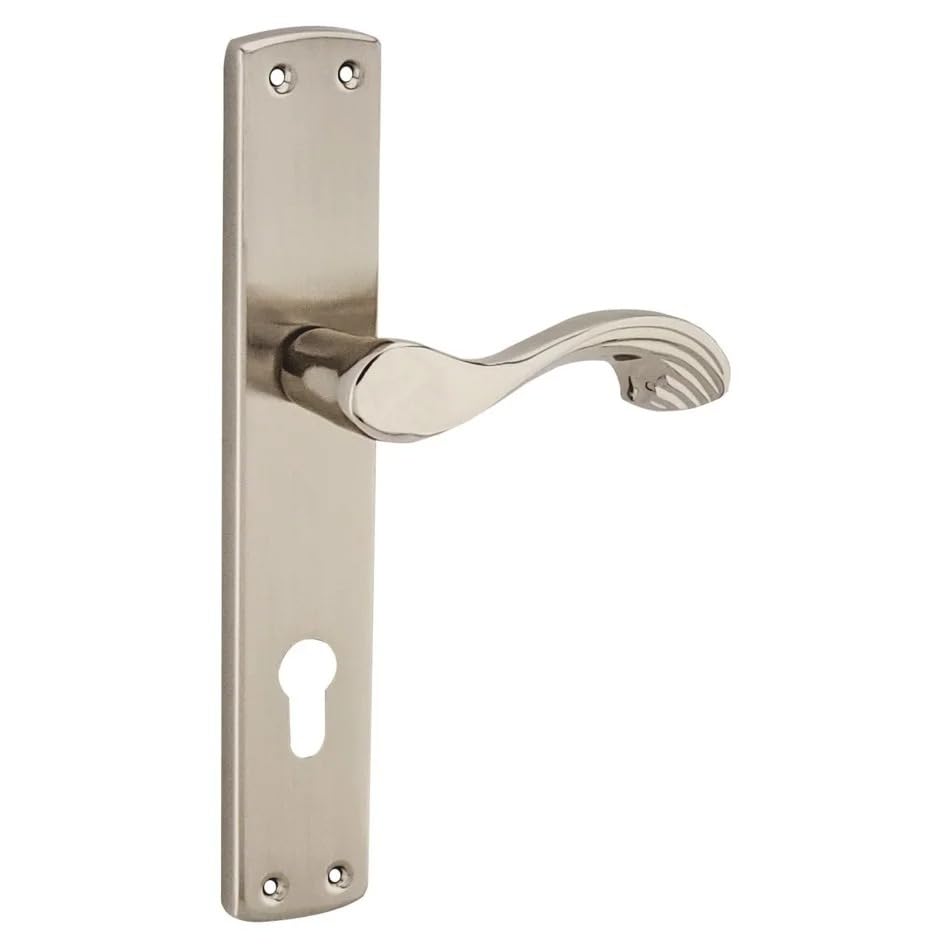 Yuksel Door Handle Pair on Backplate with Euro Cylinder Keyhole Turkish Made Multiple Designs | زوج مقابض باب يوكسل زوج مع صفيحة وفتحة اسطوانة يورو صناعة تركية (1 Silver Pars 876-510