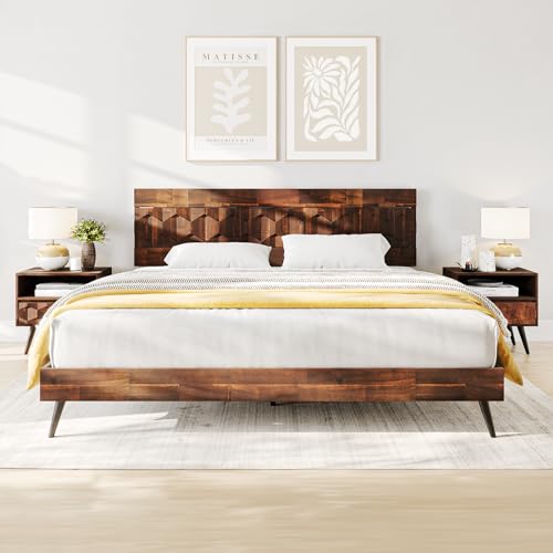 Image of Bme Georgina Signature Dark Choco Bed Frame, King Bed Frame and Headboard Handcrafted Geometric, Mid Century Modern, Solid Acacia Wood, No Box Spring Needed, 12 Wood Slats Support, Easy Assembly