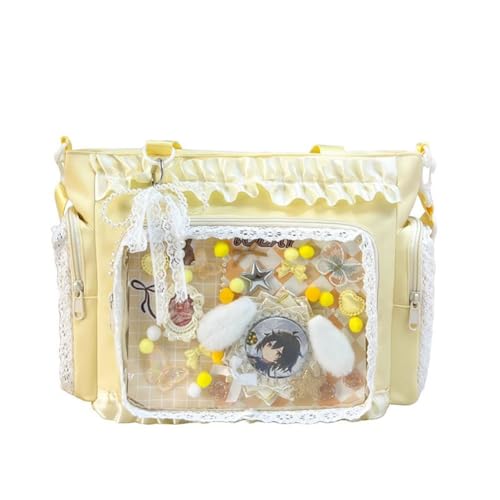 Kawaii Ita Bag with Clear Display Window, Soft Lace Ruffle Trim Shoulder Purse,Multi-Pocket Crossbody Tote for Anime Cosplay