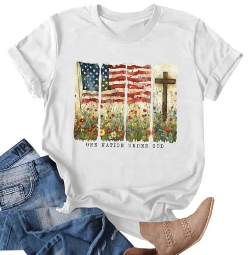 Image of Ithalt Christian Tshirt Womens 4th of July Shirt American Flag T Shirt USA Patriotic Tees Faith Short Sleeve Tops