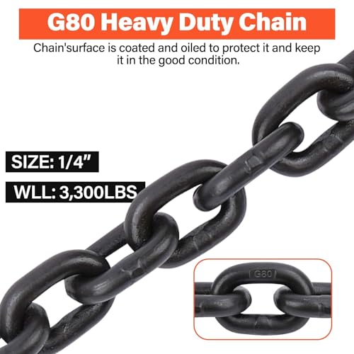 Image of 2 Pack G80 Transport Binder Chain 1 /4 inch X 15 Feet, Grade 80 Trailer Safety Chains 1 /4 Inch, Tow Chain with 1 /4 inch G80 Clevis Grab Hooks, 3,300 Lbs Working Load Limit for Towing, Securing, Truck