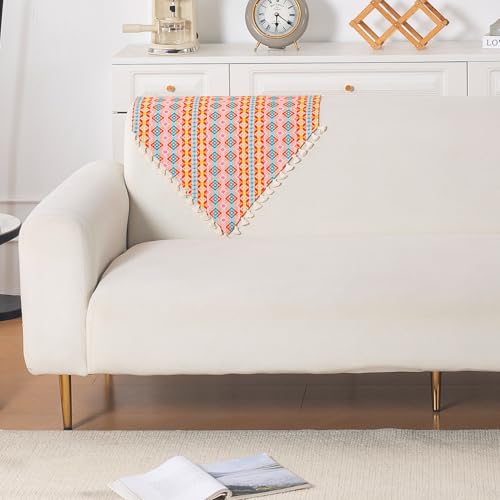 Image of HOKIPO Sofa Backrest Cover with Tassel | 300 GSM Thick Cotton Acrylic Jacquard Fabric Backrest Mat, Size 55x70 cm,'Trivana Series' Coral Orange (IN-932-J2)