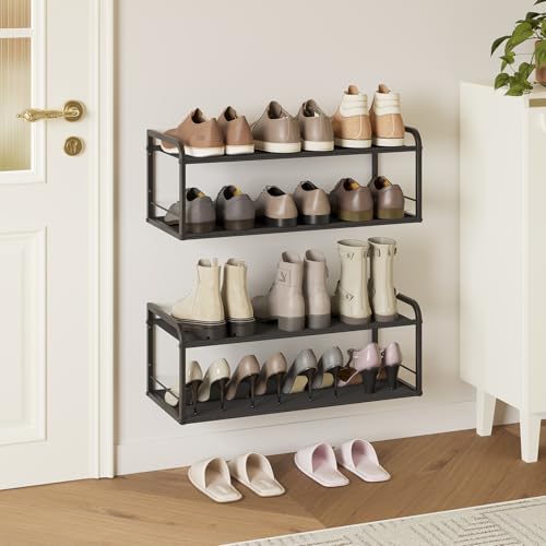 ORLESS 2 Pack Wall Mounted Shoe Rack, Hanging Shoe Rack Holds 12-16 Pairs, Heavy Duty Metal Wall Shoe Organizer, Space Saving Wall Mounted Shoe Storage for Entryway, Closet, Wall, Door(Black)
