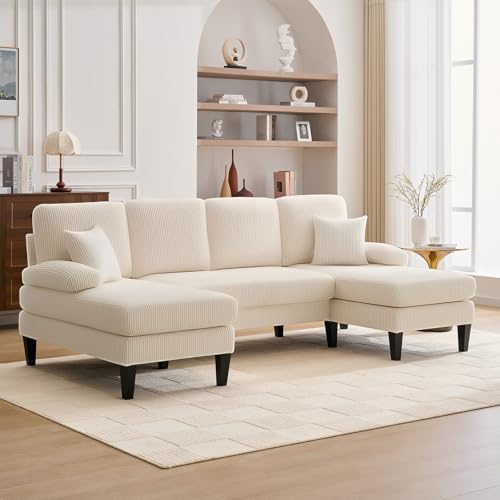 Image of 98 inch Sectional Couches for Living Room, U Shaped Couch with 18 inch Seat Height, 4 Seater Couch Set with Double Chaise for Apartment, Living Room Sofas, Corduroy, Beige