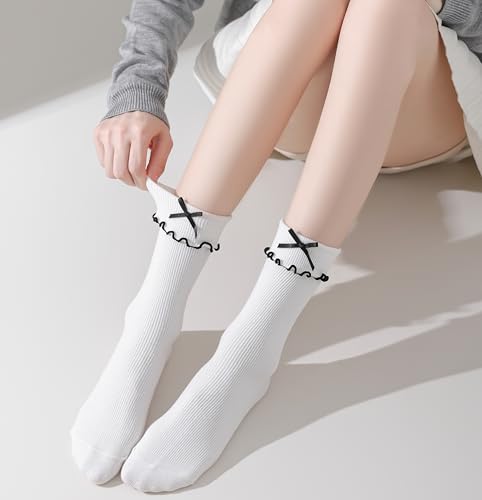 Image of Womens Bow Socks Ruffle Casual Crew Black Whitte Soft Breathable Cotton 4 Pairs Socks