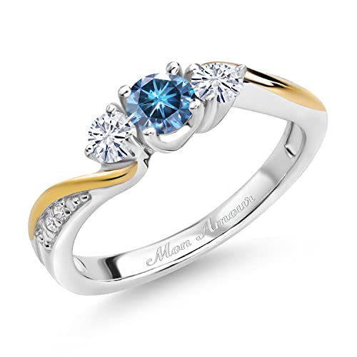 Gem Stone King 925 Sterling Silver and 10K Yellow Gold Customized and Personalized 4MM and 3MM Round Gemstone Birthstone and White Lab Grown Diamond 3 Stone Engagement Ring For Women