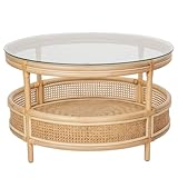 Kouboo Rattan Cane Round 2-Tier Open Shelf Coffee Table with Glass Top, Living Room Table, 30 Inches, Boho Chic Tropical