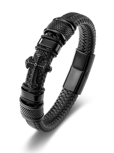 Pulsera negra de cuero trenzado con cruz de acero inoxidable 8.5 pulg. miniatura 1