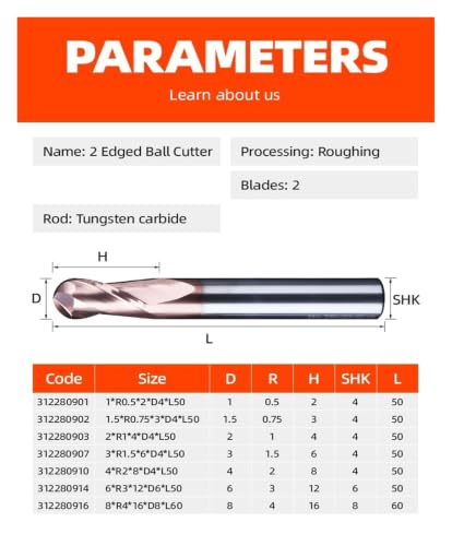 Fresa de punta bola broca enrutadora para carpintería aluminio carburo CNC de 2 flautas 4