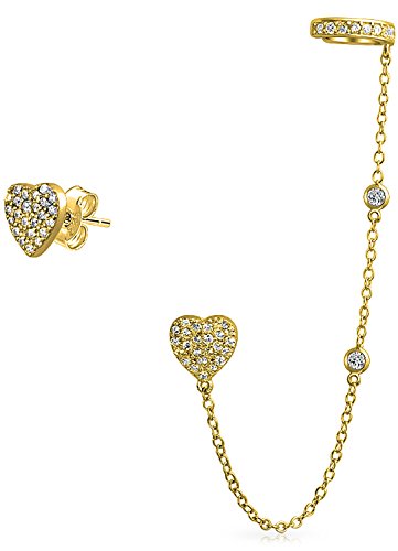 Heart Shaped Chain Cartilage Ear Cuff Wrap Earring Pave Cz Stud Helix Earring Stud Set 14K Gold Plated Sterling Silver #TOP5
