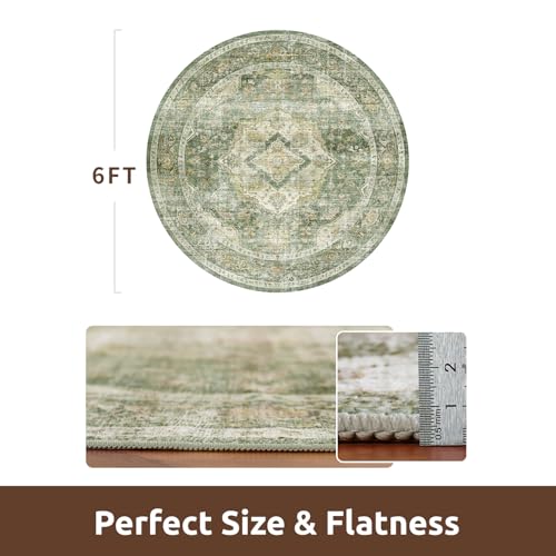 AMOAMI-6FT Round Rug-Rugs for Living Room-Vintage Soft Olive Green Rugs for Bedroom-Non Slip Circle Rug-Machine Washable Rug for Dining Room Living Room Bedroom Office Under Table