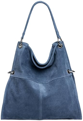 Caspar Große Vintage Leder Schultertasche Damen Handtasche aus weichem Wildleder - PREMIUM LINE - Modell No.805 - Made in Italy, Farbe:jeans blau, Größe:One Size