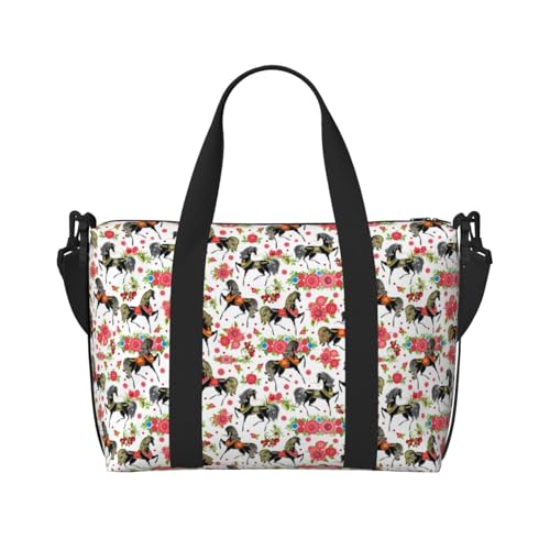Carry On Duffle Bags Overnight Weekender Bags for Women, Cartoon Cool Horse Black Flower Personal Item Travel Bag, Travel Essentials Sport Gym Bag for Men Women